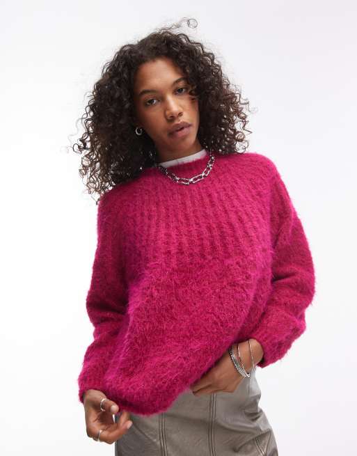 Topshop knitted super fluffy rib detail relaxed sweater in magenta