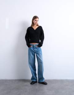 Model wearing Knitted sweetheart neck cinch waist jumper in black