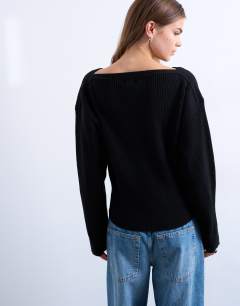 Model wearing Knitted sweetheart neck cinch waist jumper in black