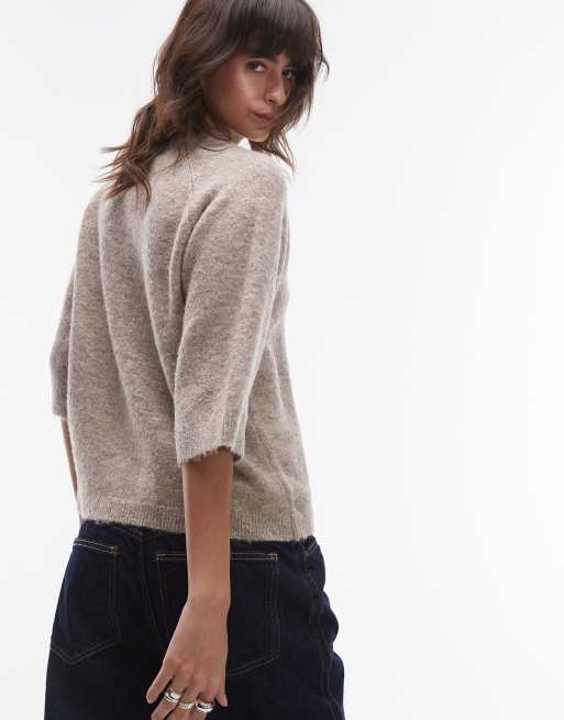 Topshop knitted t-shirt in oat, 3 of 4