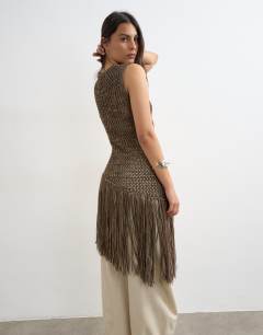 Model wearing Knitted tape fish net scoop neck top in chocolate brown