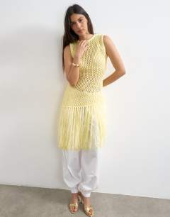 Knitted tape fish net scoop neck top in yellow