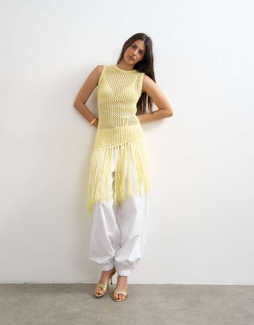 Topshop knitted tape fish net scoop neck top in yellow, 3 of 4