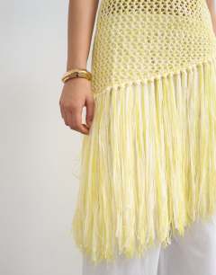 Model wearing Knitted tape fish net scoop neck top in yellow