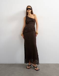 Knitted tape yarn co-ord fringing maxi skirt in chocolate