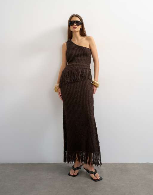 Topshop knitted one shoulder tape yard co-ord in chocolate, 3 of 3
