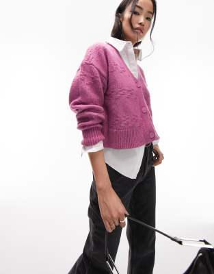 Topshop knitted textured basket weave cardigan in bright pink Smart Closet