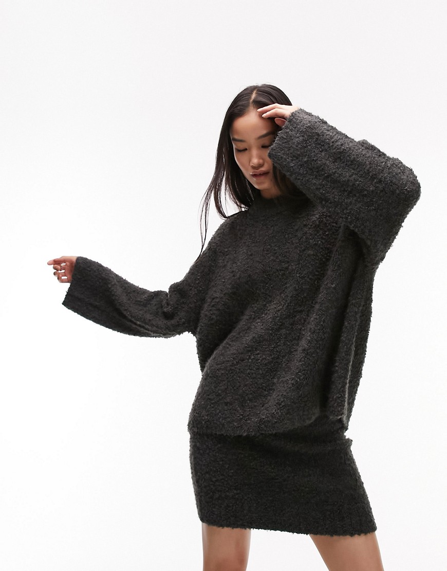 knitted textured boucle slouchy crew neck sweater in charcoal - part of a set-Gray