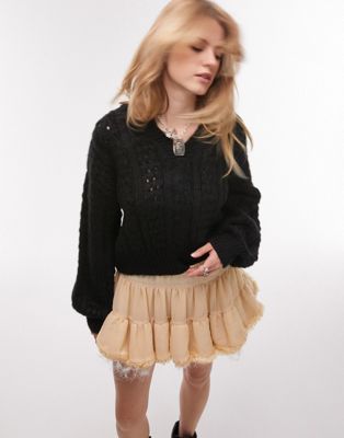 Topshop knitted textured cable jumper in black