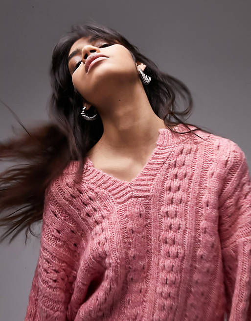 Tegenhanger Hopelijk huren Topshop knitted textured cable sweater in pink | ASOS