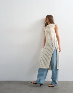 Knitted textured open stitch sleeveless dress in ivory