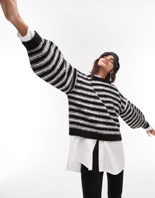 Topshop knitted textured stripe jumper in monochrome