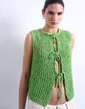 Topshop knitted textured tie front waistcoat in green
