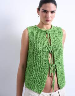 Knitted textured tie front waistcoat in green