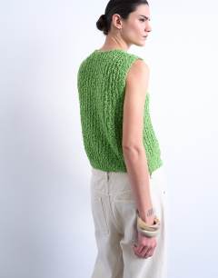 Model wearing Knitted textured tie front waistcoat in green