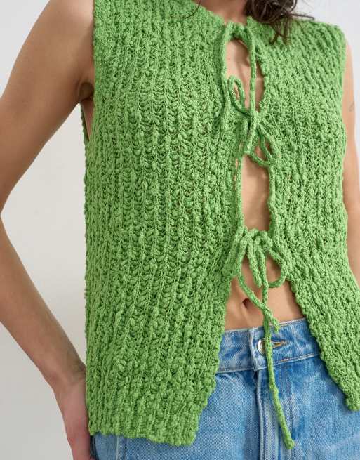 Topshop knitted textured tie front waistcoat in green, 3 of 4