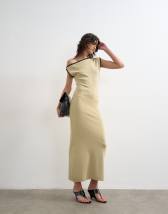 Topshop knitted textured twist detail off shoulder maxi dress in neutral