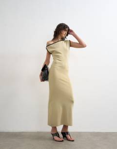 Model wearing Knitted textured twist detail off shoulder maxi dress in neutral