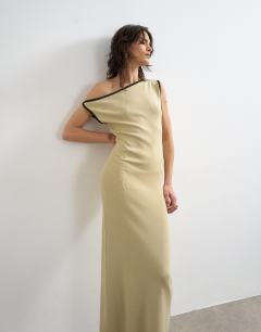 Model wearing Knitted textured twist detail off shoulder maxi dress in neutral