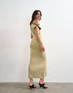 Model wearing Knitted textured twist detail off shoulder maxi dress in neutral