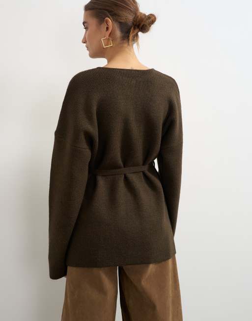 Topshop knitted tie back all needle cardigan in brown, 3 of 4