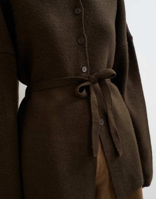 Topshop knitted tie back all needle cardigan in brown, 4 of 4