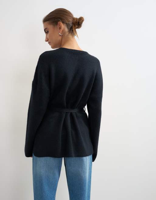 Topshop knitted tie back all needle cardigan in navy, 4 of 4