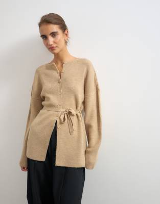 Topshop Knitted Tie Back All Needle Cardigan In Brown