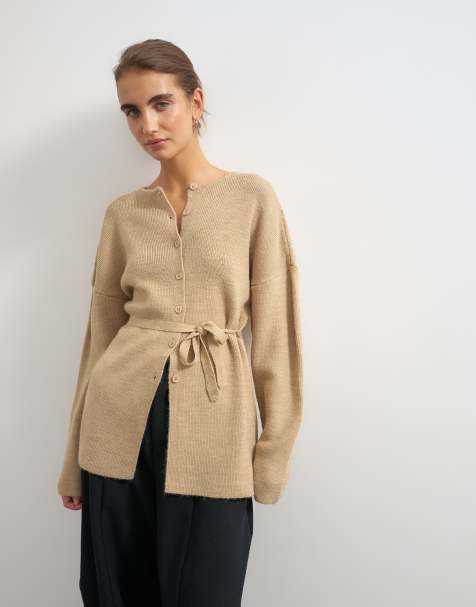 Topshop knitted tie back all needle cardigan in oat - view 1