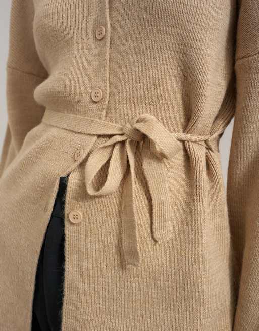 Topshop knitted tie back all needle cardigan in oat, 2 of 4