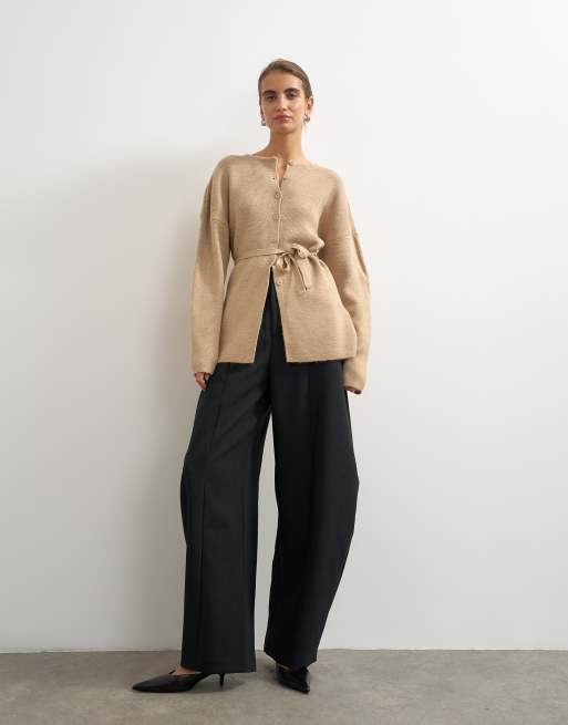 Topshop knitted tie back all needle cardigan in oat, 3 of 4