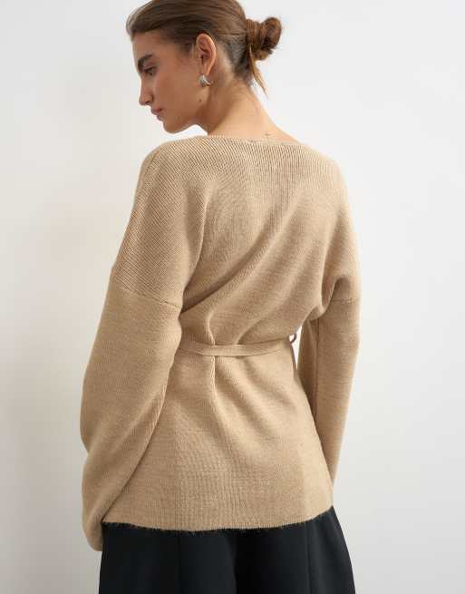 Topshop knitted tie back all needle cardigan in oat, 4 of 4