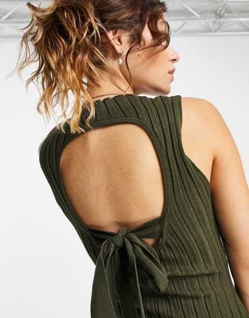 Topshop knitted tie back midi dress in khaki | ASOS