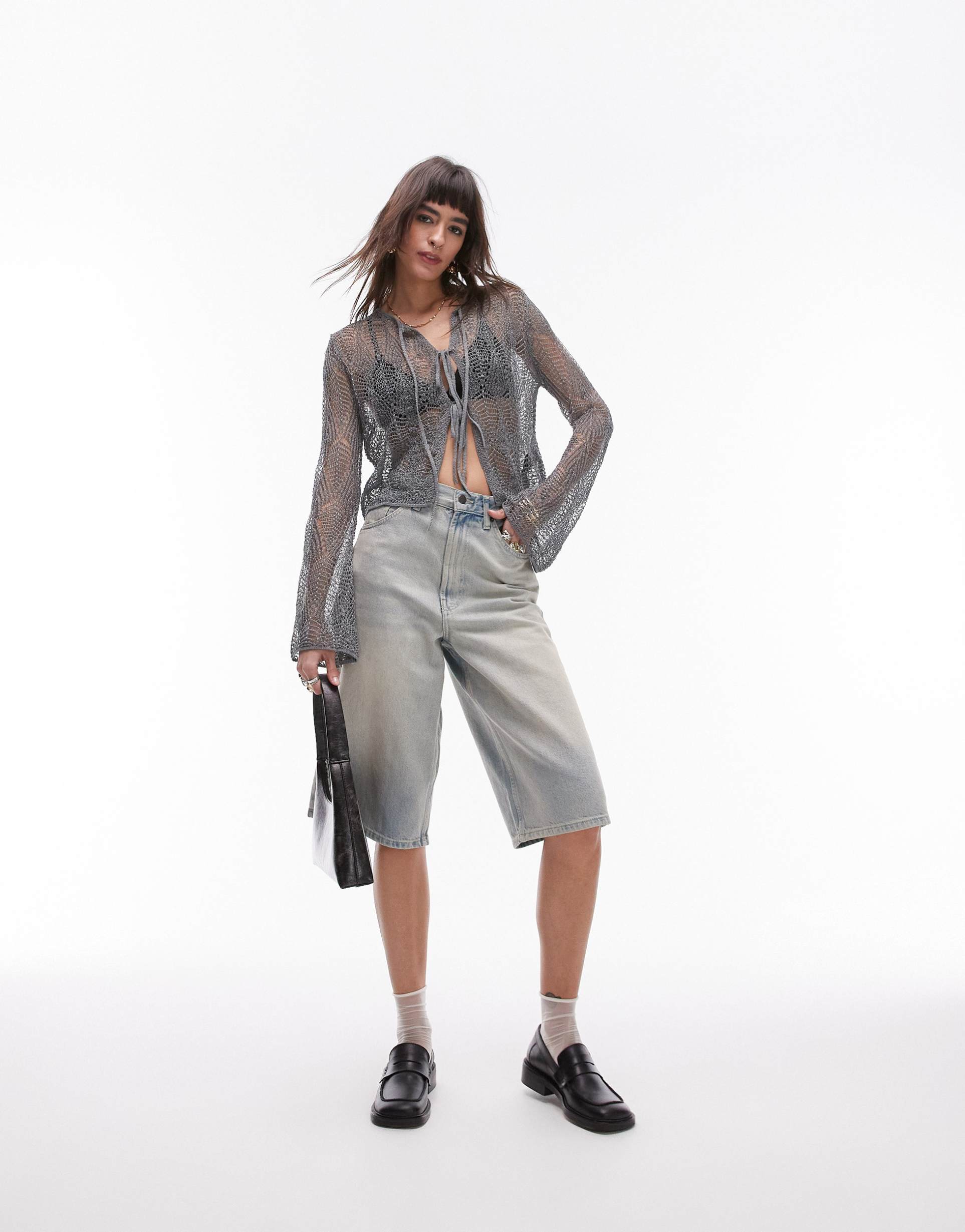 topshop knitted tie front cardi in charcoal