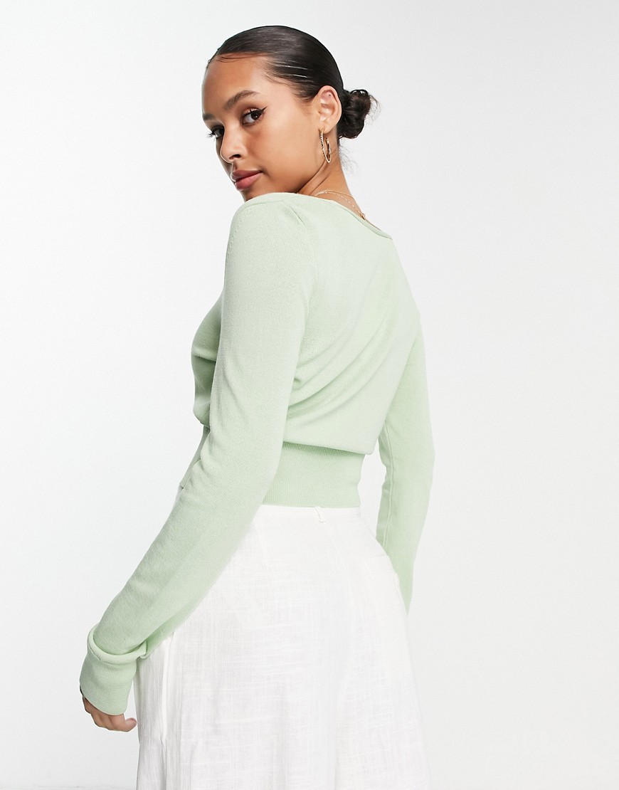 Topshop knitted tie front cardi in sage-Green