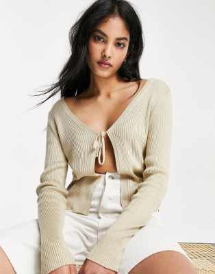 Topshop knitted tie front cardi in stone-Neutral