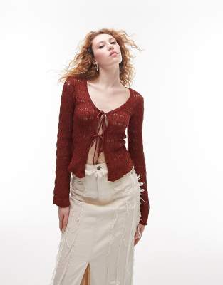 Topshop knitted tie front crochet stitch cardigan in rust