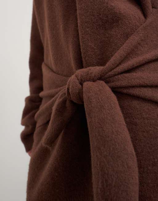 Topshop knitted tie front long line mini jumper dress in deep mahogany, 3 of 4