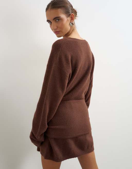 Topshop knitted tie front long line mini sweater dress in deep mahogany, 4 of 4