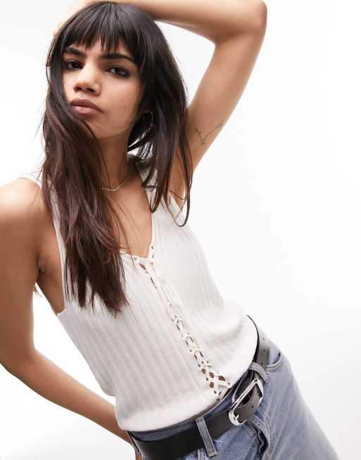 Topshop knitted tie front singlet in ivory