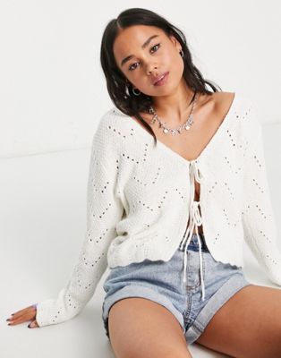 Topshop knitted tie front stitchy cardigan in ecru
