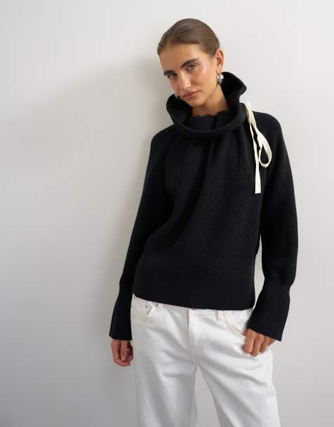 Topshop knitted tie funnel neck ribbed jumper in black with ivory tipping - view 1