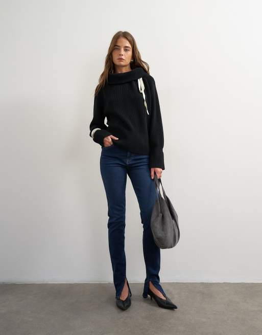 Topshop knitted tie funnel neck ribbed jumper in black with ivory tipping, 2 of 4