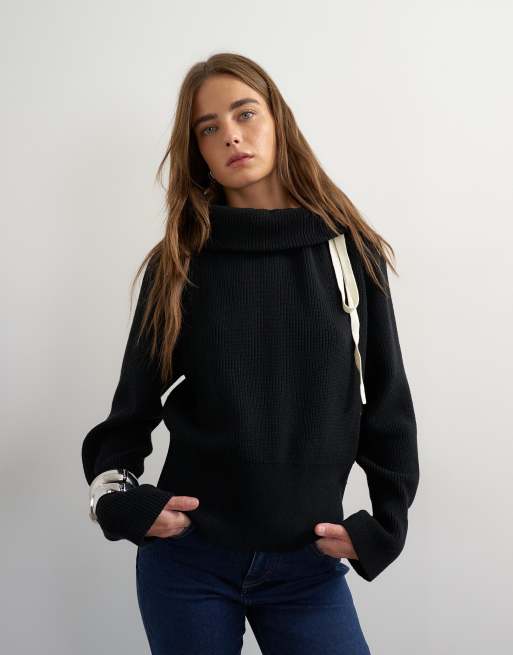 Topshop knitted tie funnel neck ribbed jumper in black with ivory tipping, 3 of 4