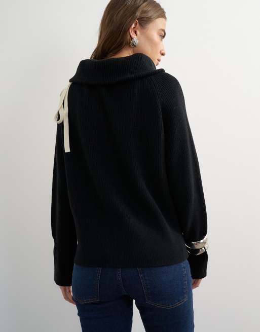 Topshop knitted tie funnel neck ribbed jumper in black with ivory tipping, 4 of 4