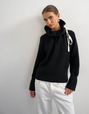 Topshop Knitted Tie Funnel Neck Ribbed Sweater In Black