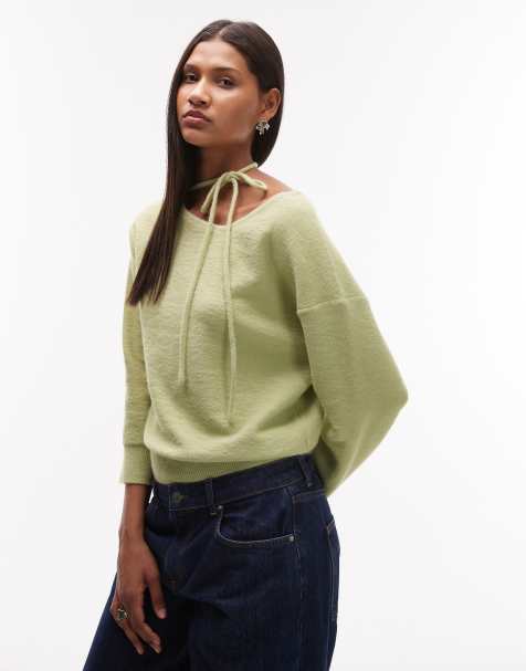 Topshop knitted tie neck jumper in green - view 1