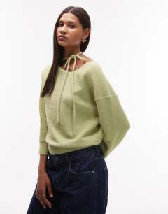 Knitted tie neck jumper in green