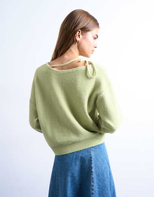 Topshop knitted tie neck jumper in green