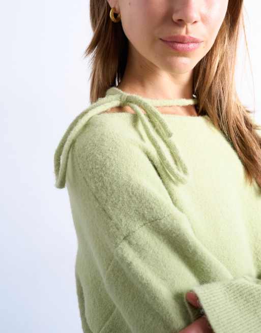 Topshop knitted tie neck jumper in green